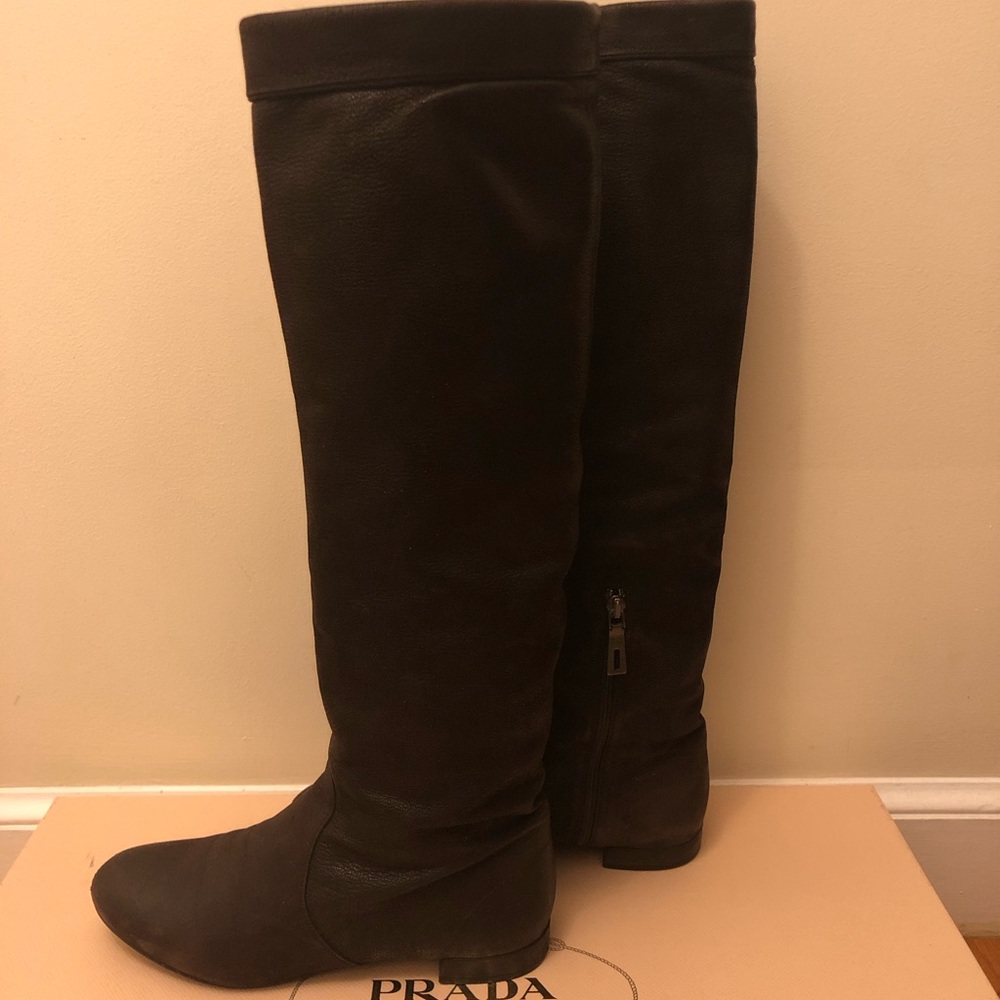 PRADA Brown Leather Over The Knee Riding Boots EU 37.5 US 7.5 Original Box